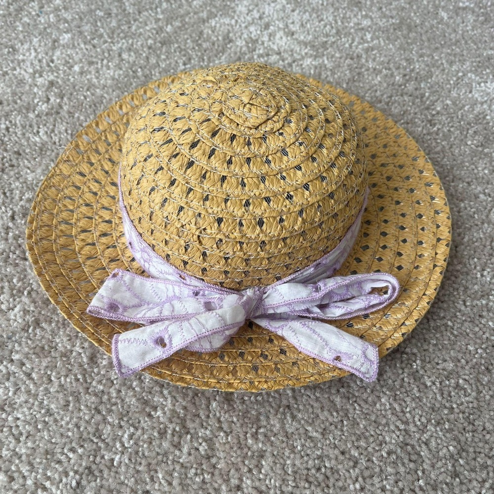 Kids Straw Sun Hat Floppy Brim Purple Floral Ribbon Bow Summer Beach
